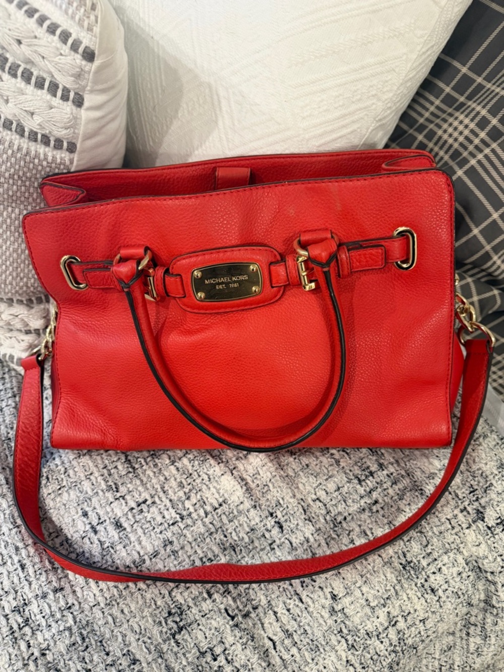 Michael Kors Bright Red Pebbled Leather Satchel with Gold Hardware